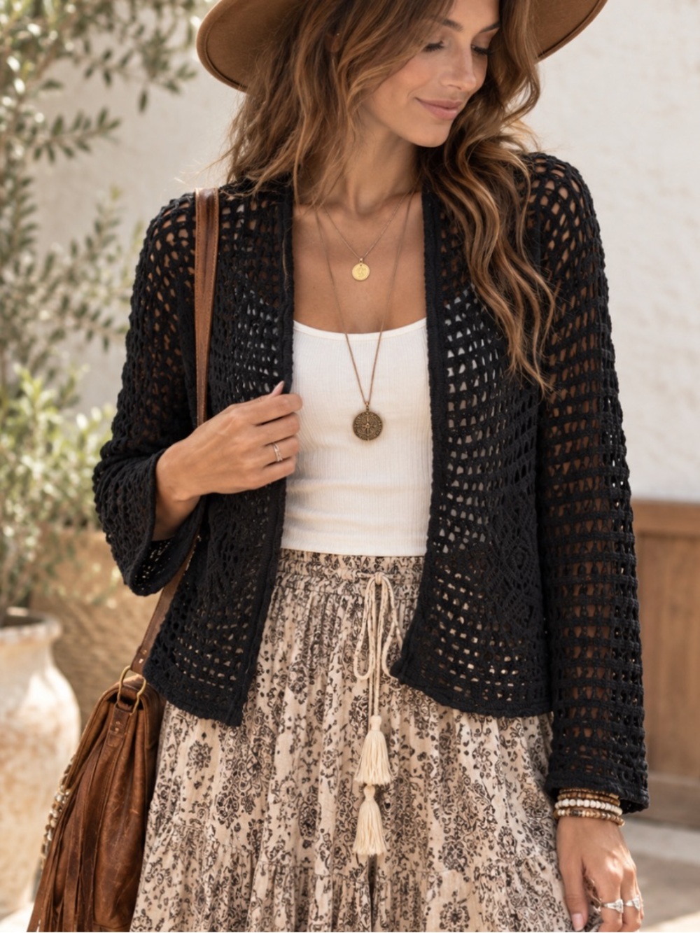Soft Surroundings Black Open-Weave Crochet Boho Cropped Women's Cardigan